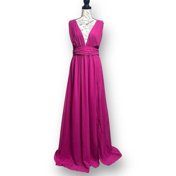 Lulus M Magenta Chiffon Maxi Dress Side Slit V-Neck Bridesmaid Wedding Guest - Picture 2 of 10